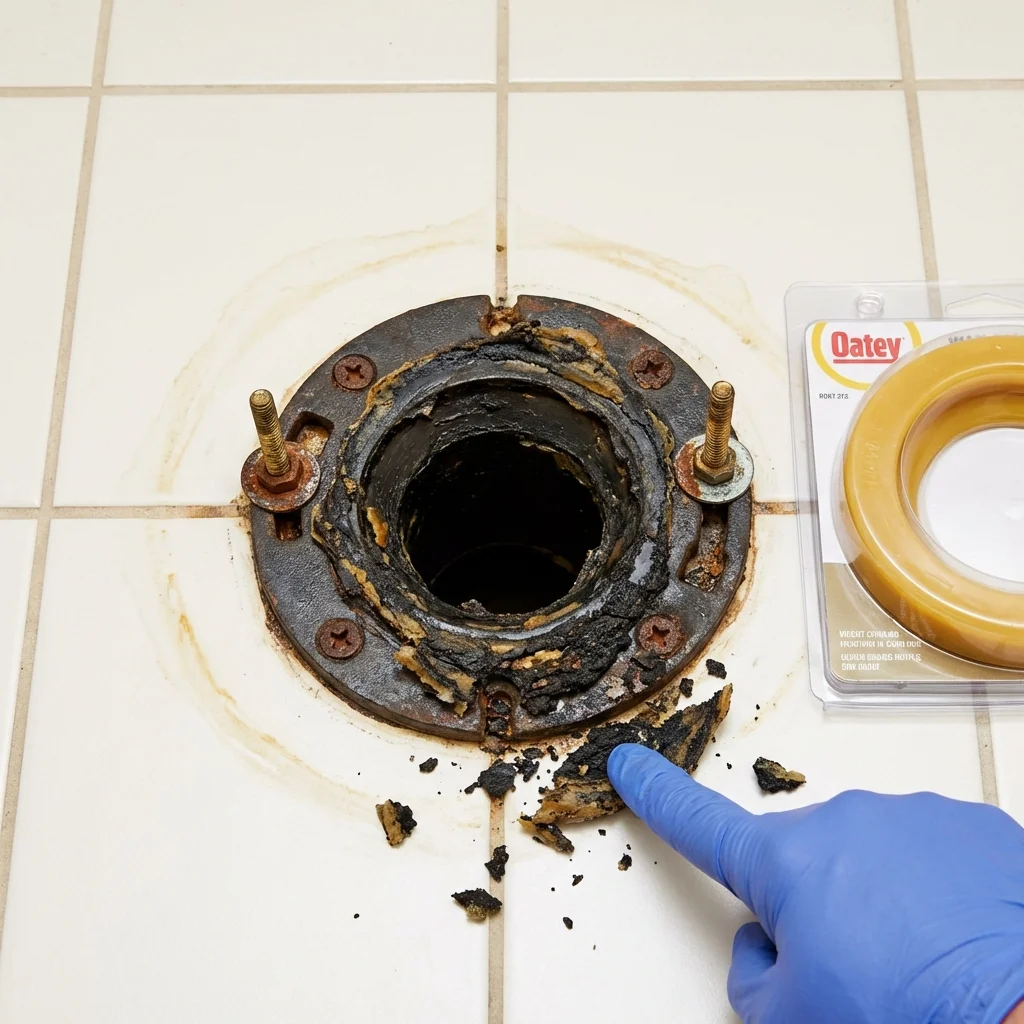 Failed wax ring showing water seepage at the base of a toilet in a Malvern, IA home