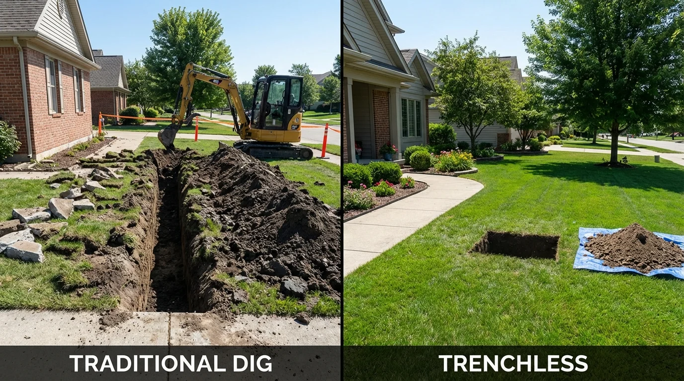Trenchless sewer repair with minimal yard damage versus traditional excavation in Malvern, IA